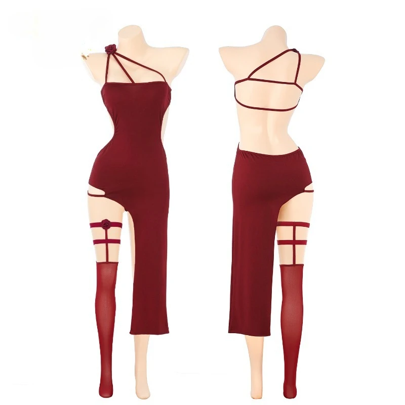 

Платье-комбинация с одним открытым плечом и завязками на шее, цвета алой розы, с высоким разрезом, асимметричное, длинное, для ночного клуба, костюм секретарши, бебидолл