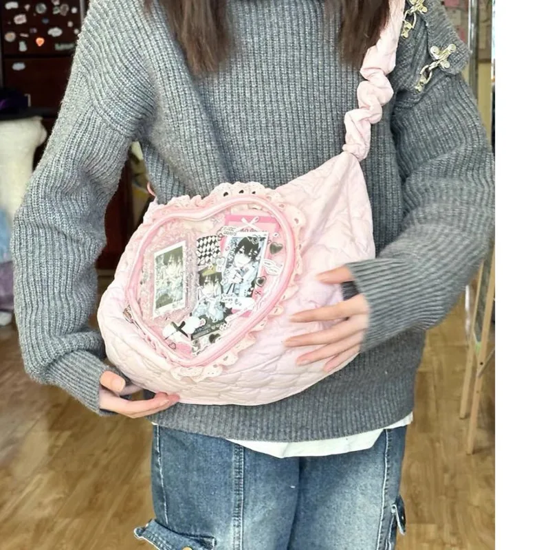 Bolsa de dumplings de estilo japonés con bolsillo transparente, bolso de muñeca con cremallera de compras de gran capacidad, estilo Harajuku Y2k