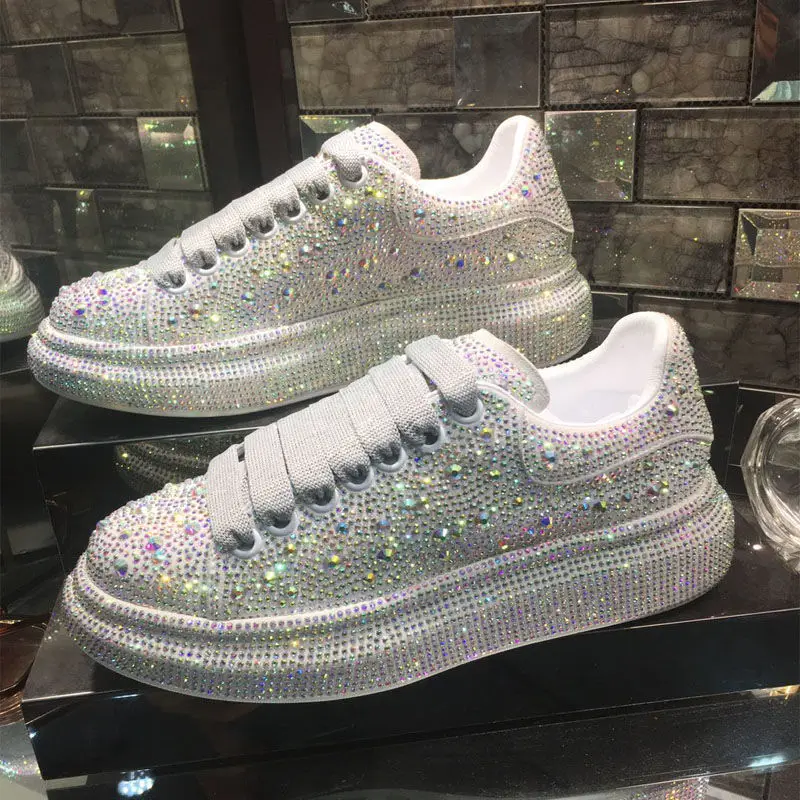 2024 Autumn Women Platform Shoes crystal Thick-soled White Silver Shoes Shining Crystal Sneakers Trend Casual Sneakers