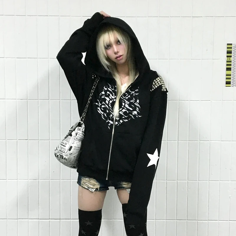 Karrcat Grunge Aesthetics Tattoo Print Jacket Trashy 2000s Style Hooded Outerwears Japanese Y2k Rivet Coat Gothic American Retro
