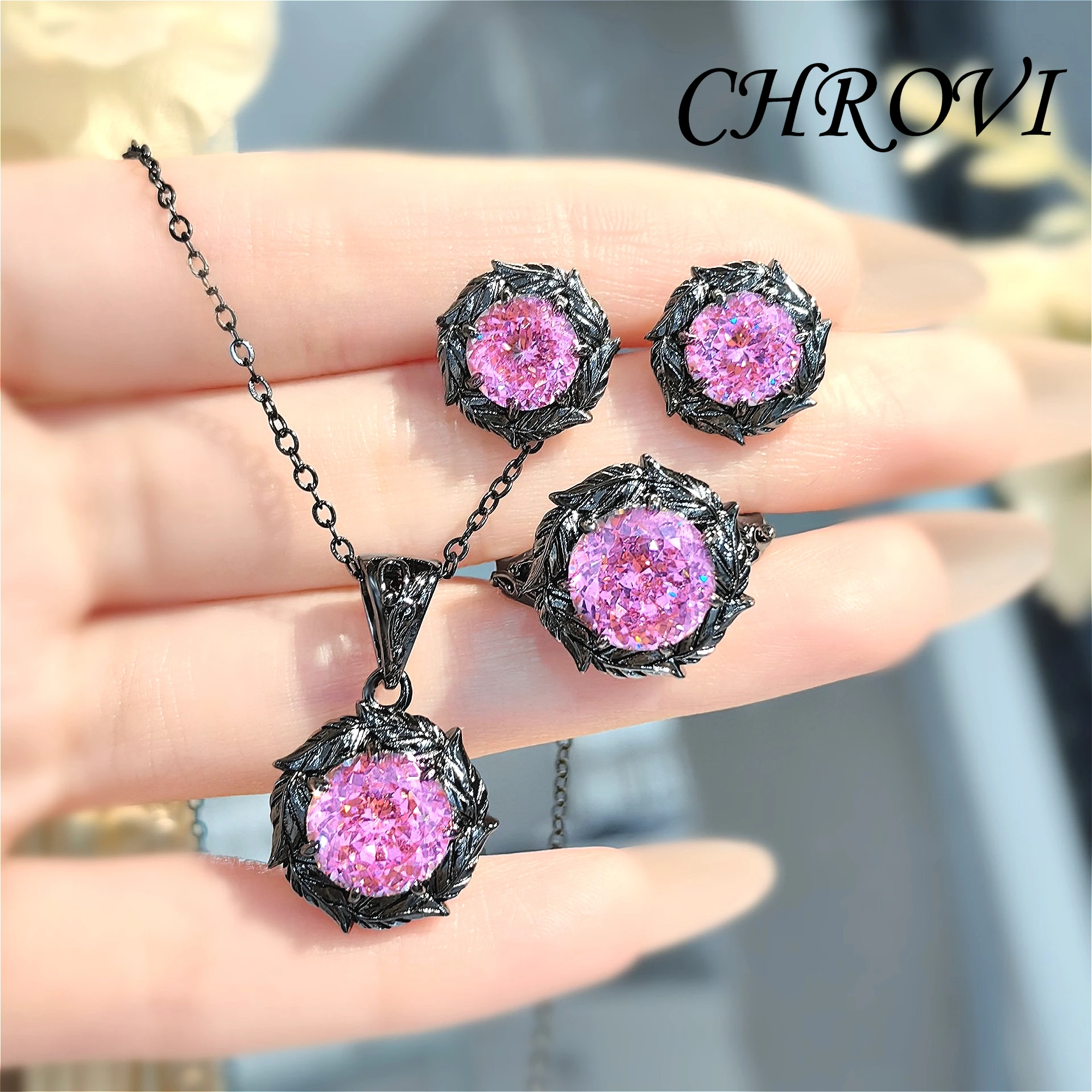 Fashionable Light Luxury 925 Sterling Silver Thorn Rose Pendant Necklace, Stud Earrings, Morganite Ring,and Colored Gemstone Set