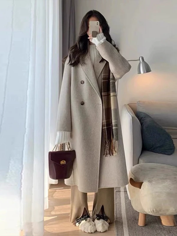 

Thiened Woolen Coat Inner down Jaet Women's Mid-Length Faionable Winter Outerwear Korean Sle Straight Cut Long Sve