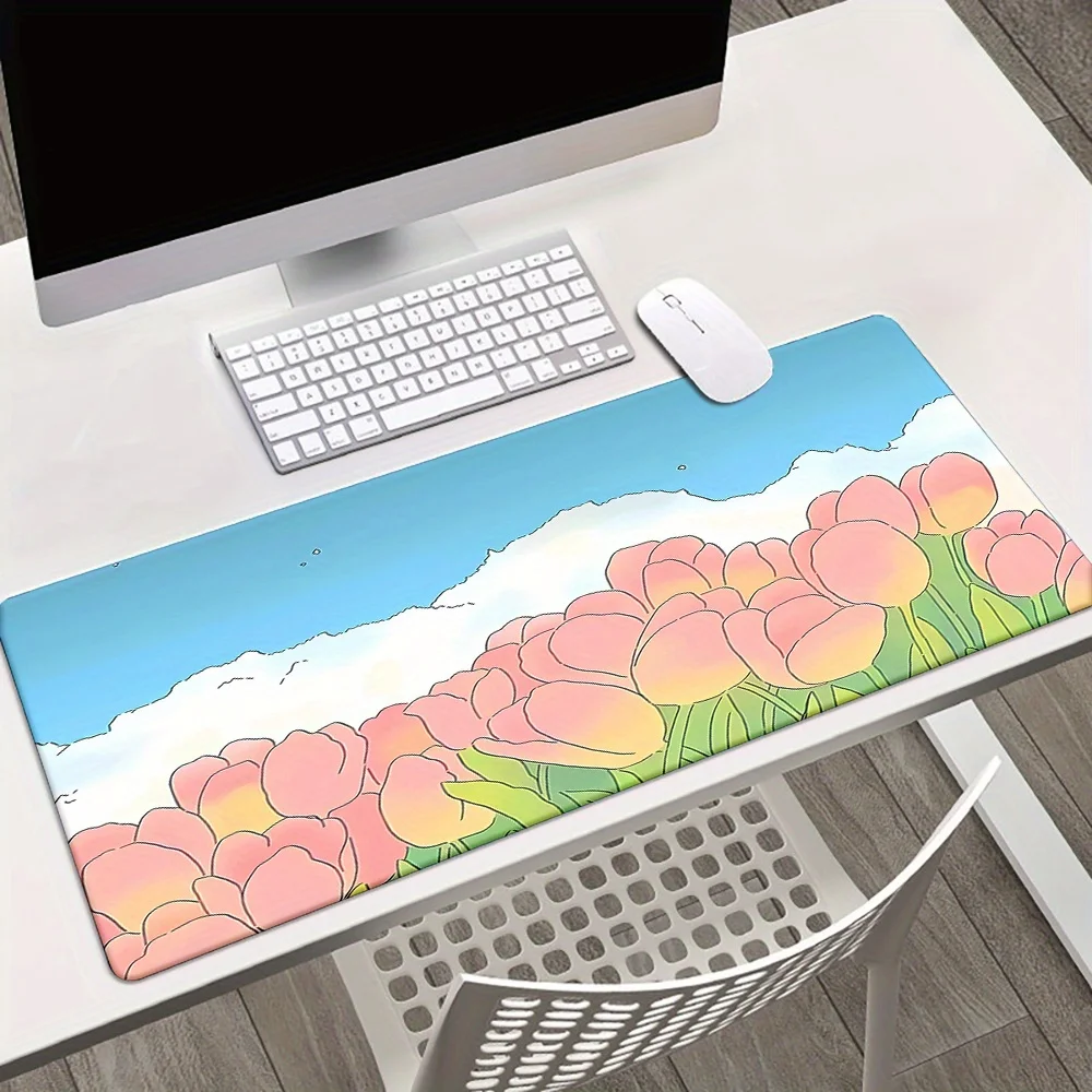 

Tulip pattern XXL mouse pad, HD printing, peaceful flower field design, anti-slip rubber base, suitable for office or home use