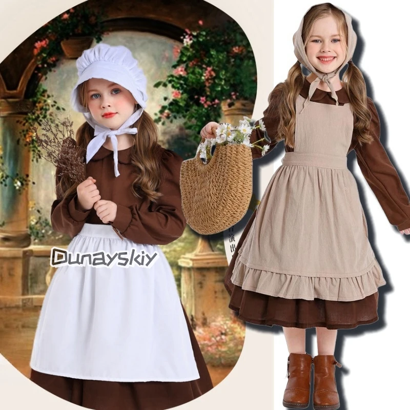 Village Farm Pioneer Prairie Kids Poor Clothes Cosplay Children's Day Stage Play Farm Performance Maid Costume Maid Dress