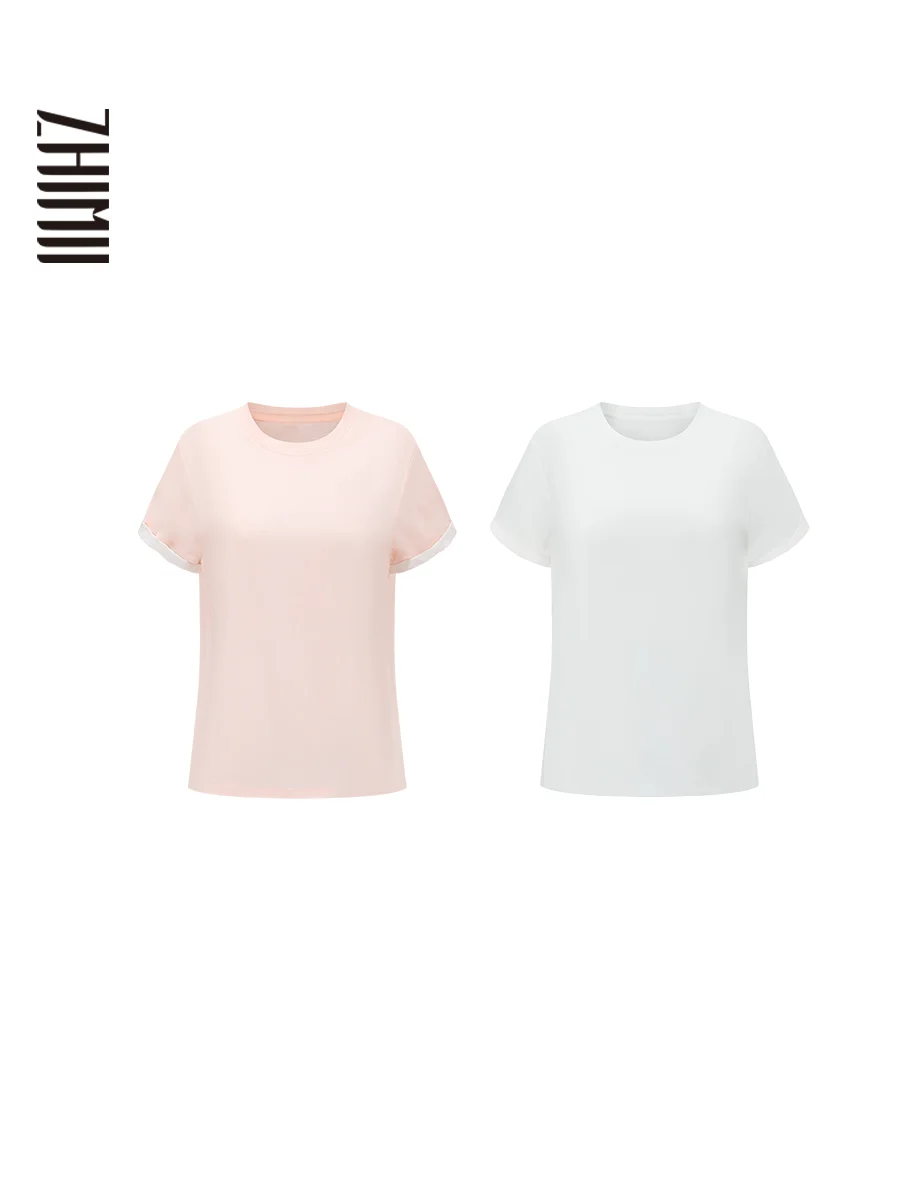

Zhimii Silk Cotton ort Sve T-irt Chinese Sle Inner Wear round Ne Roll up Sve ape Cool Sensation Early Autumn