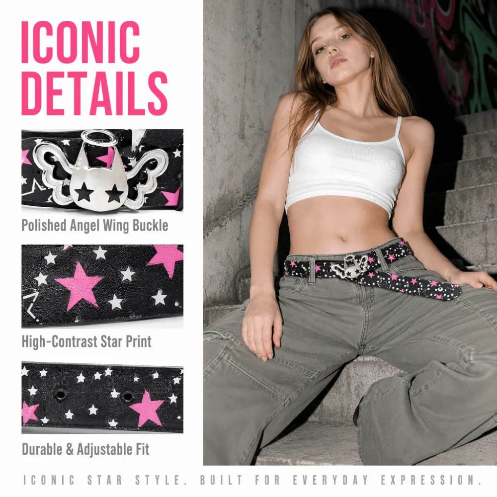 PU Leather Strap Women Waist Belt Pink Bow Decor Casual Star Print Belt Adjustable All Over Star Print Y2K Waistband