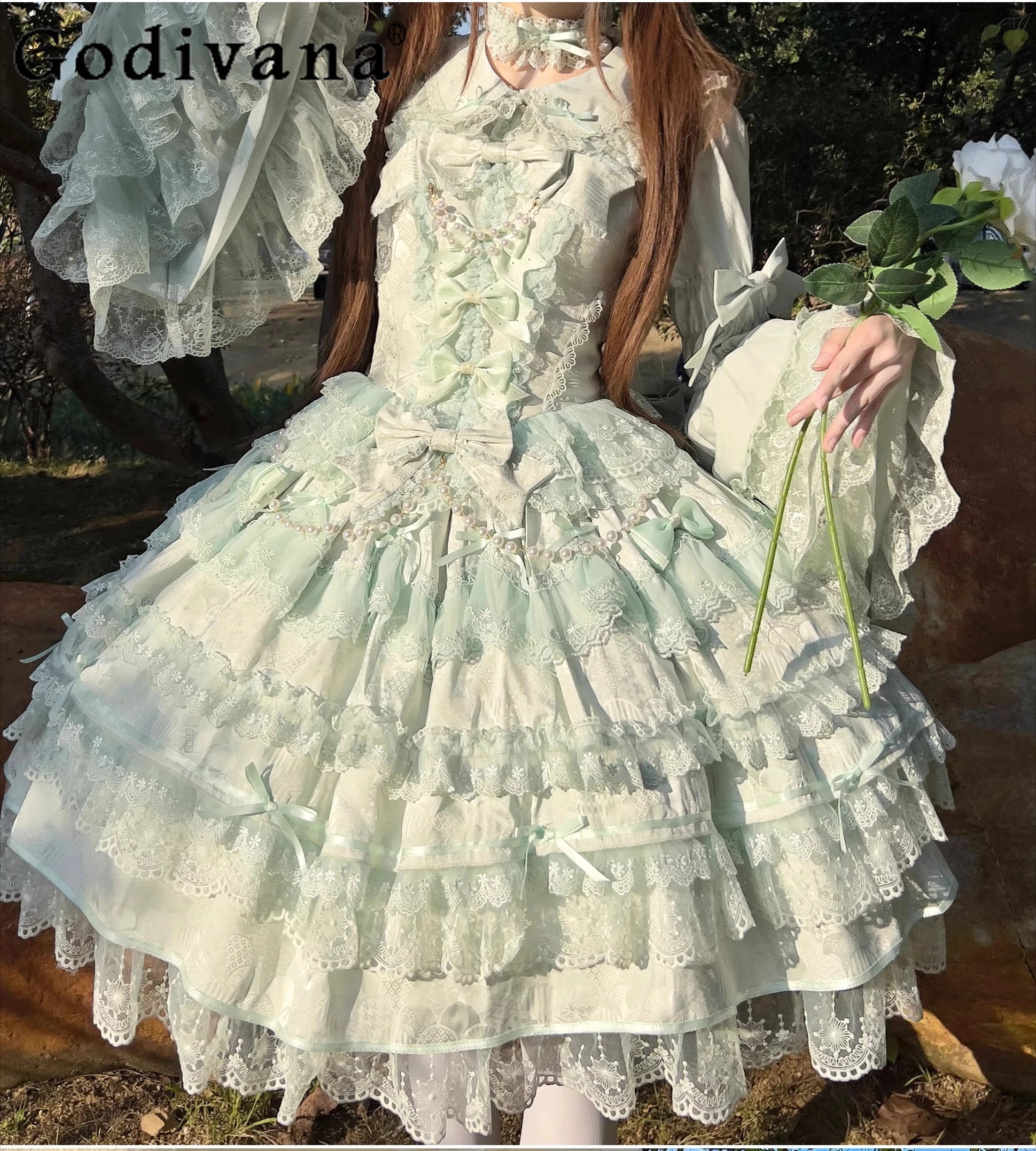 

Green Princess Style Dress Autumn and Summer New Women's Slim-Fit Elegant Cute Bow Lolita Style Mini Dress Japanese Kawaii Dress