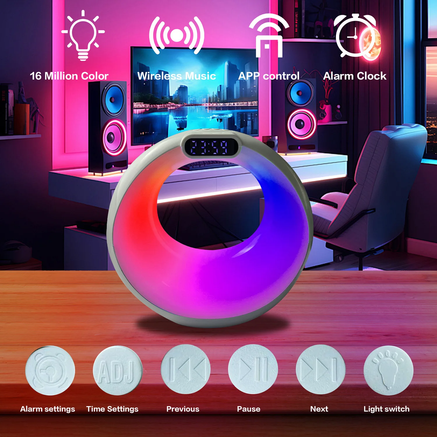 Cabo de Alimentação USB Multifuncional com Luz Noturna RGB, Caixa de Som Sem Fio, Despertador, Reprodução de U-Disk e Tela LED Inteligente