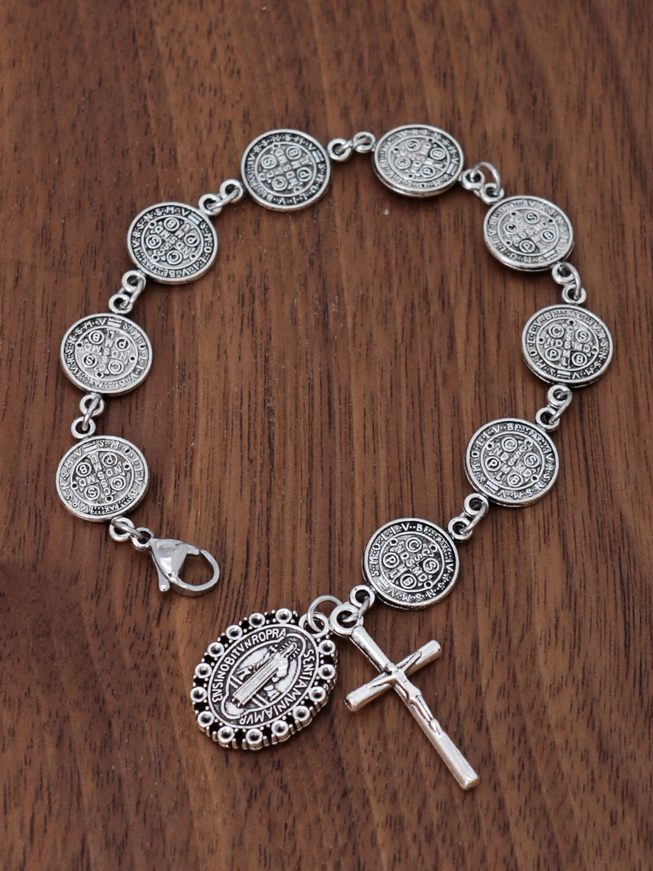 Nueva pulsera elegante para mujer con un colgante redondo de doble cara con cruz de María vintage, perfecta para fiestas, festivales de música
