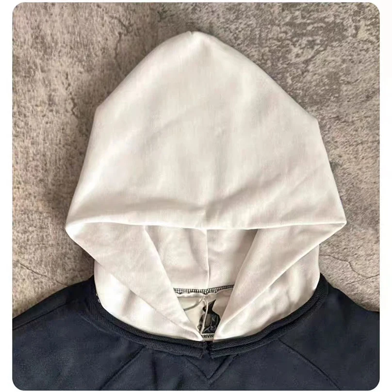 Contrast RRR123 Washed Splicing Hat Hoodie Men Women High Quality Oversize Street Wear Hooded Pullover