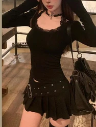 Autumn New Sexy 2 Piece Set Women Y2k Black Slim Lace Tops + High Waist Skirt Female Pure Desire Fashion Spice Street Wear Set