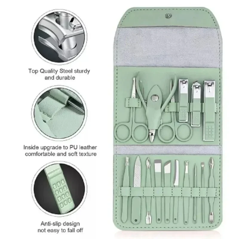 16Pcs Stainless Steel Nail Clippers Cuticle Nippers Set Portable Travel Case Household Manicure Pedicure Grooming Supply
