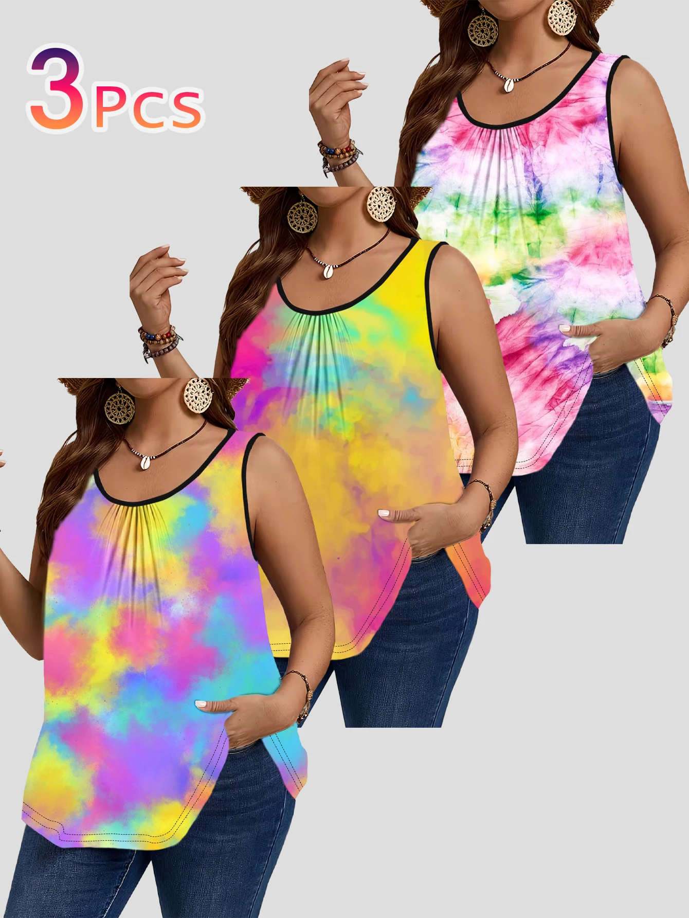 3-Piece Set of Plus-Size Sleeveless Vests|Rainbow Cloud Watercolor Tie-Dye Art Print Loose-Fitting Round-Neck Casual Outerwear Top