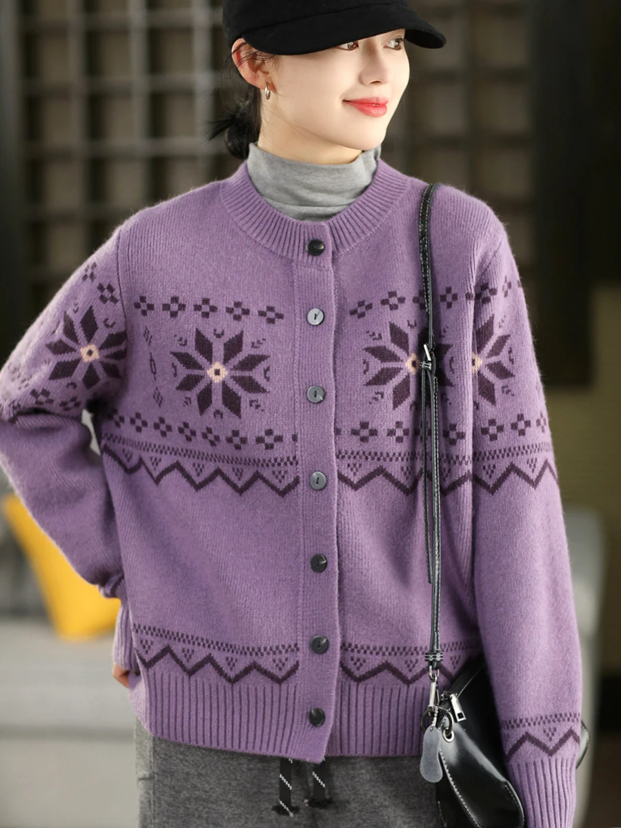 

Утепленный вязаный кардиган-пальто для женщин: винтажный стиль, цветочная вышивка, теплая верхняя одежда с длинными рукавами и геометрическим узором