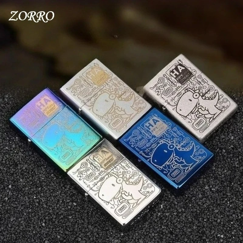New Zorro Laser Double Sided Engraving Oil Lighter Vintage Grinding Wheel Ignition Lighter Personality Trend Small Dinosaur