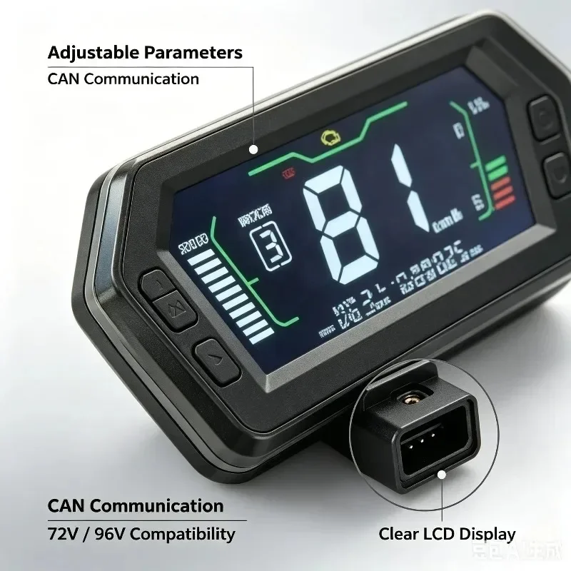 LCD Display Speedometer For Controller, Adjustable With CAN & 1-Wire Communication, 72V 96V For Electric Scooter
