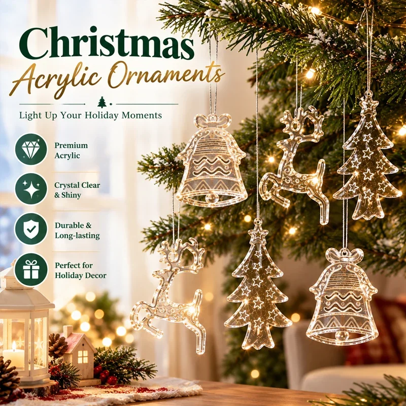 18-180PCS Crystal Snowflake Icicle Pendants Clear Acrylic Christmas Tree Ornaments Shatter Resistant Hanging Decor Holiday Party