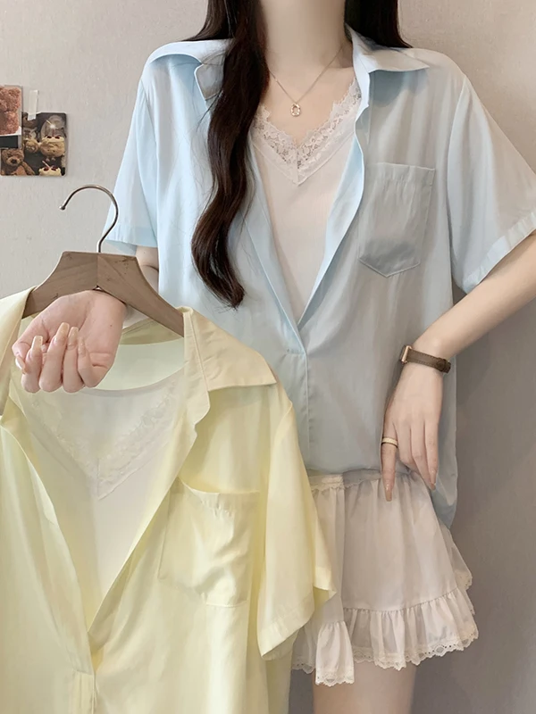 

Korean Style Casual V-Neck Lace Trim Short Sleeve Shirt Women plus Size Fashionable Versatile Top Breathable Skin-Friendly