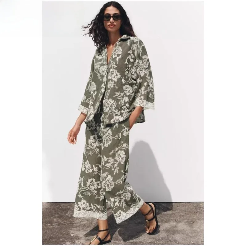 

New Summer Women's Pants Embroidered Lace Cuff Shirt Stand Collar Button Closure Loose Fit Commute Style Seven Sleeve Length