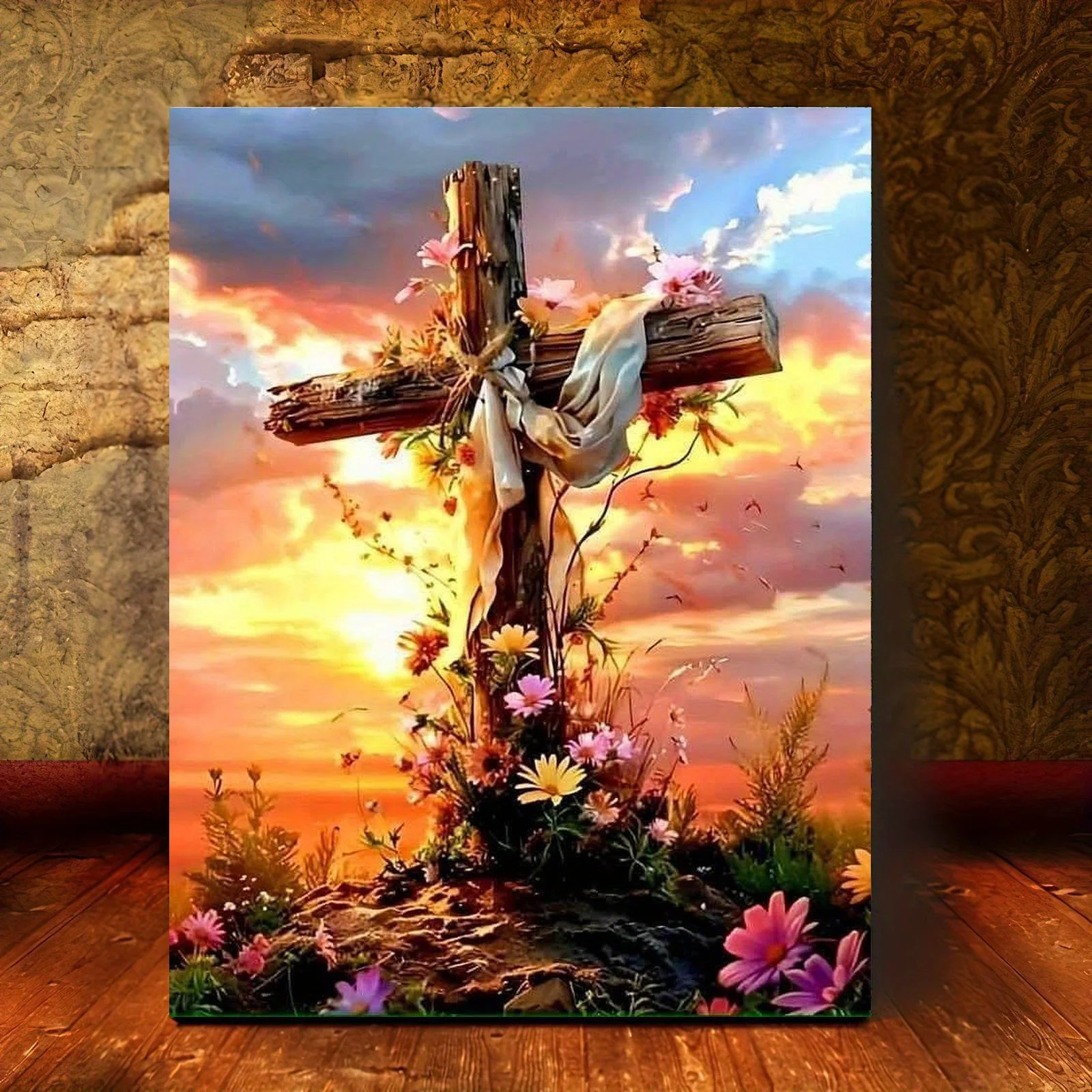 Professional Art Use 1pc Frameless Digital Oil Painting Kit, Wooden with Lush Flowers at Sunset, Includes Canvas, Acrylic Pai