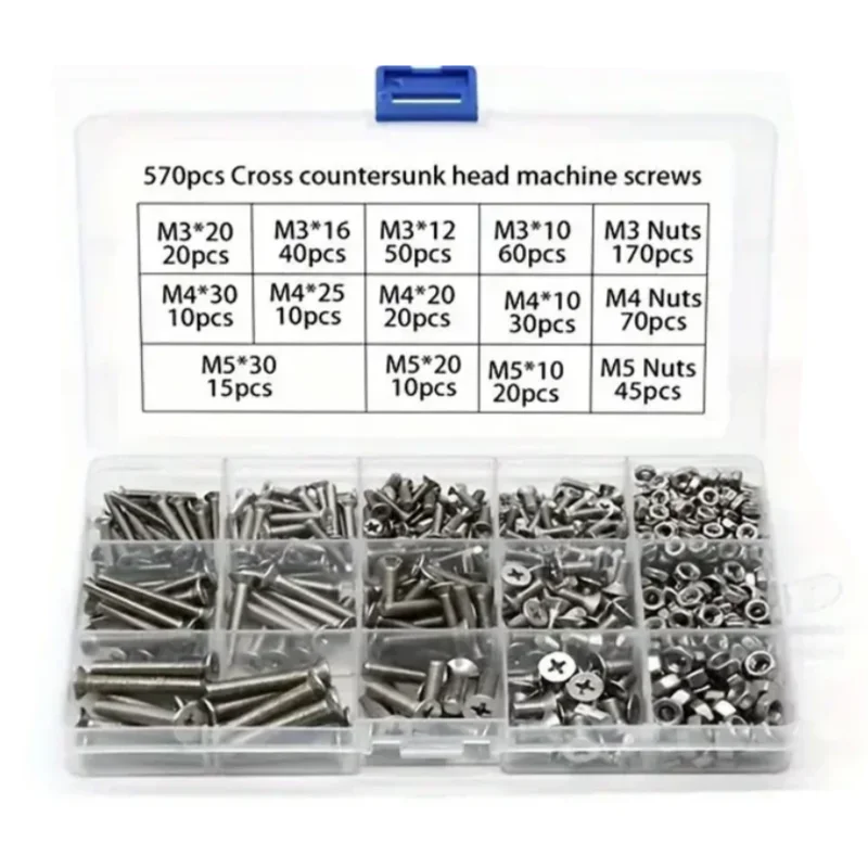 570-teiliges Edelstahl-Schrauben- und Muttern-Set M3 M4 M5, Phillips-Flachkopf-Maschinenschrauben-Kit für Heimreparaturen und Holzarbeiten