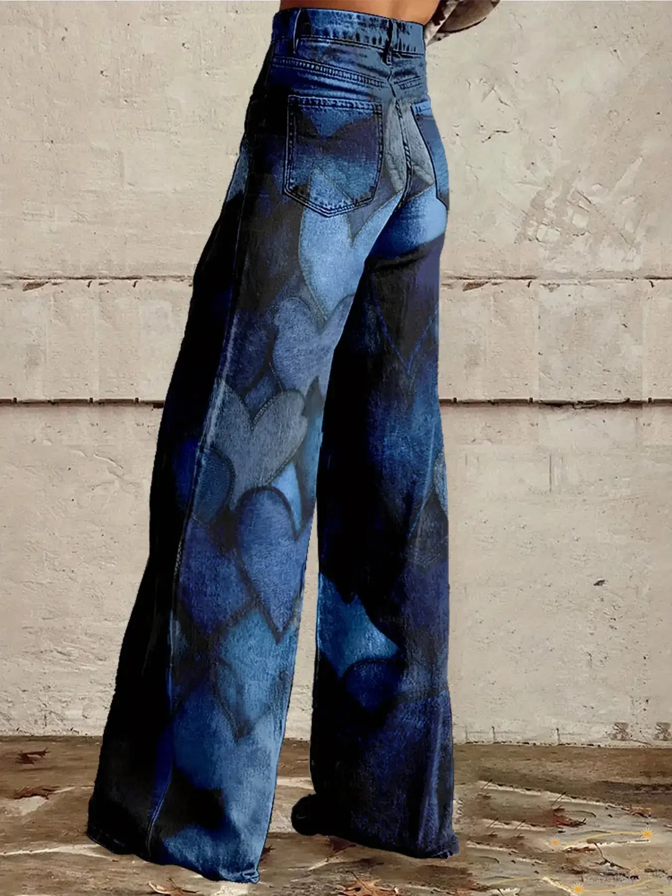 

Ladies' new printed jeans made of imitation denim fabric, casual and fashionable, Deep blue heart pattern