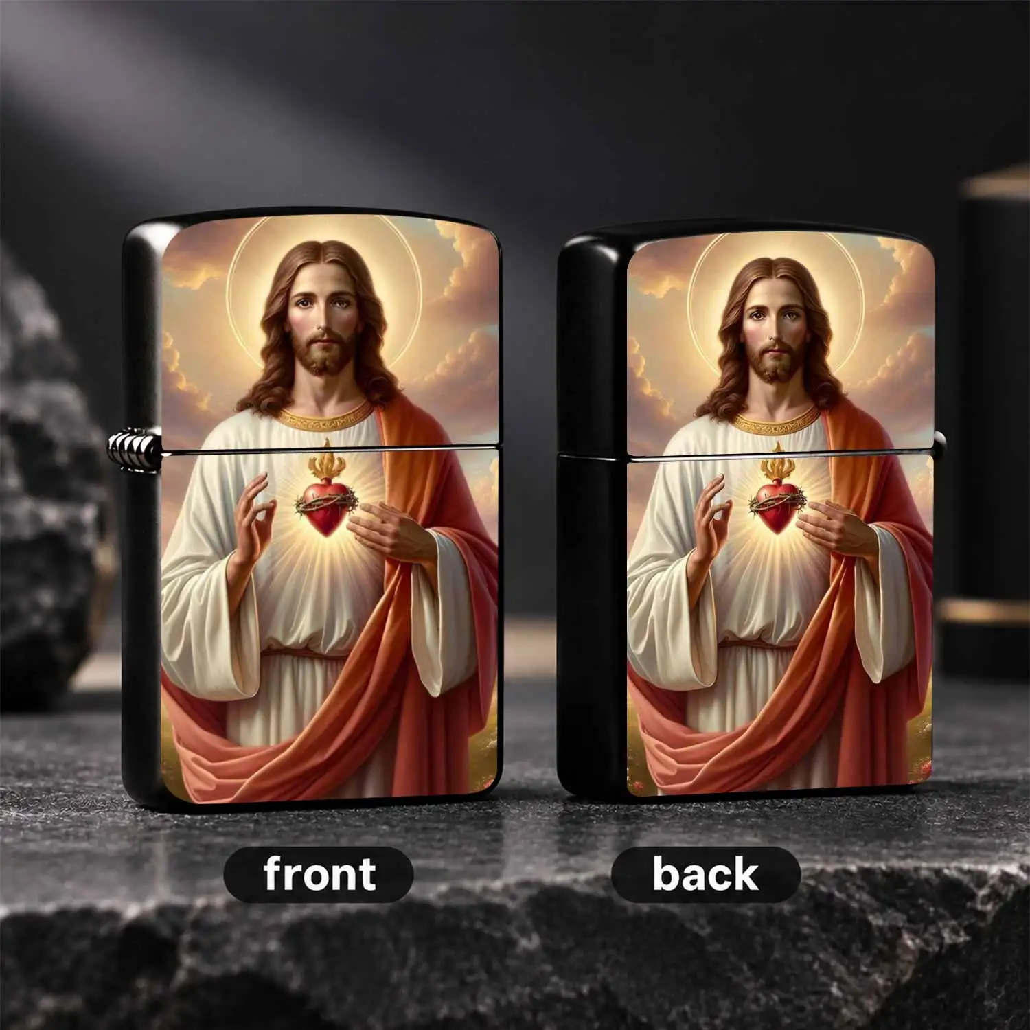 Classic Sacred Heart Of Jesus Pattern Windproof Retro Religious Theme Refillable Durable Clear Flame Creative Practical Collectible Gift For Believers Friends Family For Daily Candle Lighting Outdoor Use A Fun And Humorous Lighter