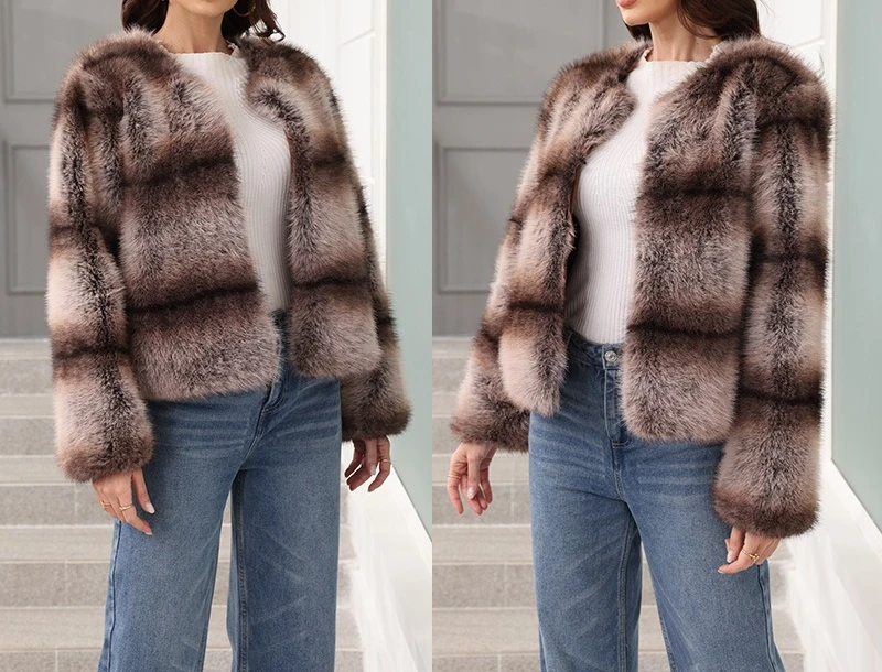 

Autumn and Winter New Fur Jacket Women's Wide Vertical Striped Imitation Fox Fur Round Neck Short Imitation Fur
