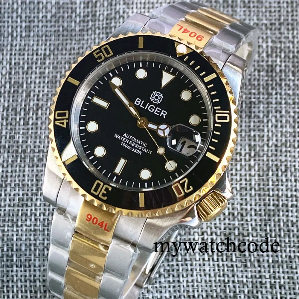 BLIGER Black Dial Gold Coated Bezel Bracelet 3.8 Crown NH35A 40mm Automatic Wristwatch for Men Sapphire Crystal Auto Date