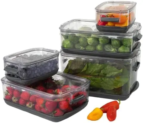 Prepworks ProKeeper Food Fresh Produce Storage Container Set, 5- Piece, Clear Containers with Gray Sealed Tight Lids