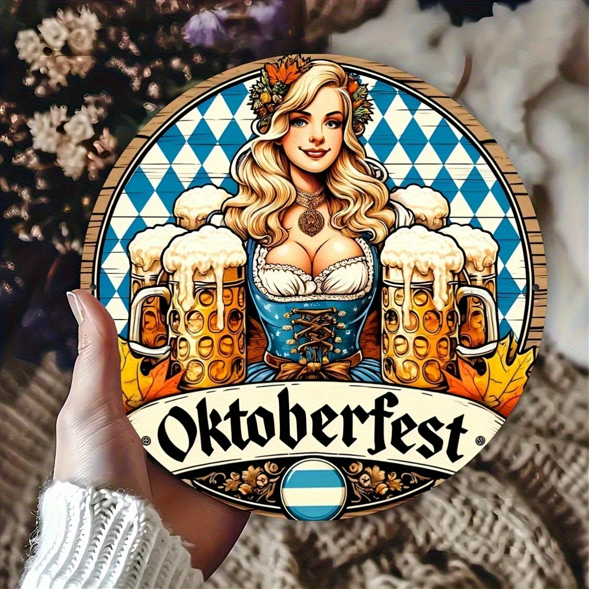 Un logotipo artístico de pared de madera retro plano 2D de Munich Oktoberfest, adecuado para cuevas, bares, garajas y decoración espaciales al aire libre de hombres