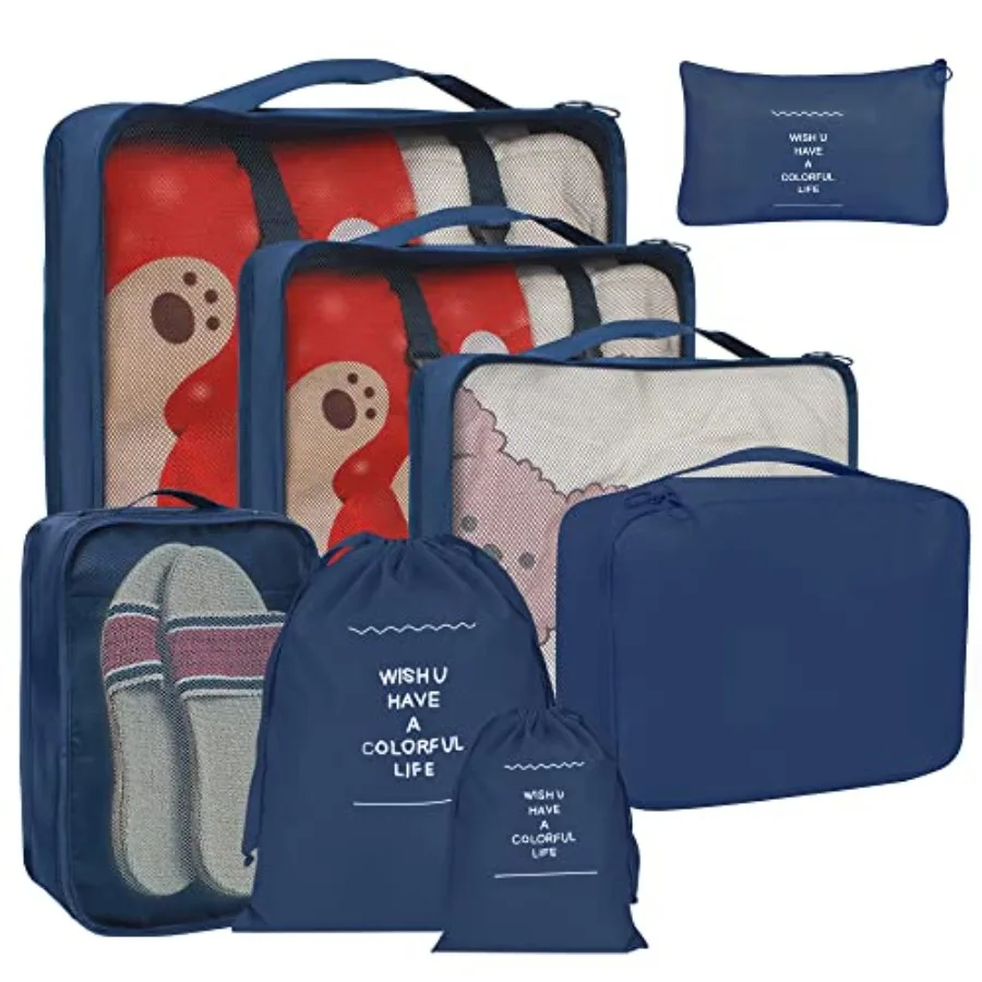 

Набор из 8 органайзеров для чемоданов, темно-синий, с сумкой для белья, компрессионной сумкой для обуви и сумкой для одежды