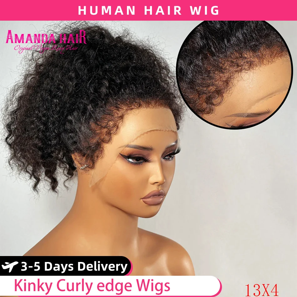 

Kinky Curly edge Wigs Short Bob 13x4 Lace Front Wig 180% Frontal Human Hair Wig PrePlucked Baby Hair band Lace Closure Curly Wig