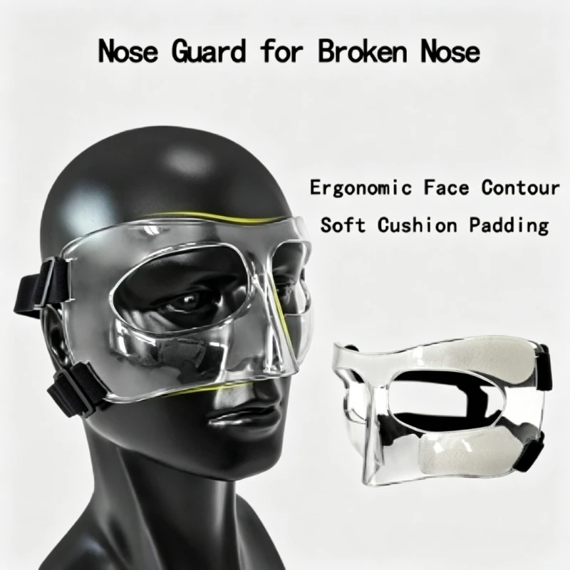 Basketball Face Mask Adjustable Face Shield with 2 Shock-Absorbing Pads Nose Guard for Broken Nose Shatterproof PC Material