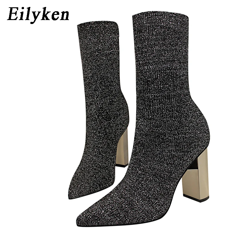 Eilyken Women Fetish Stretch Sock Boots Metal Block High Heels 9.5cm Short Ankle Boots Chunky Stripper Shoes Zapatos Mujer