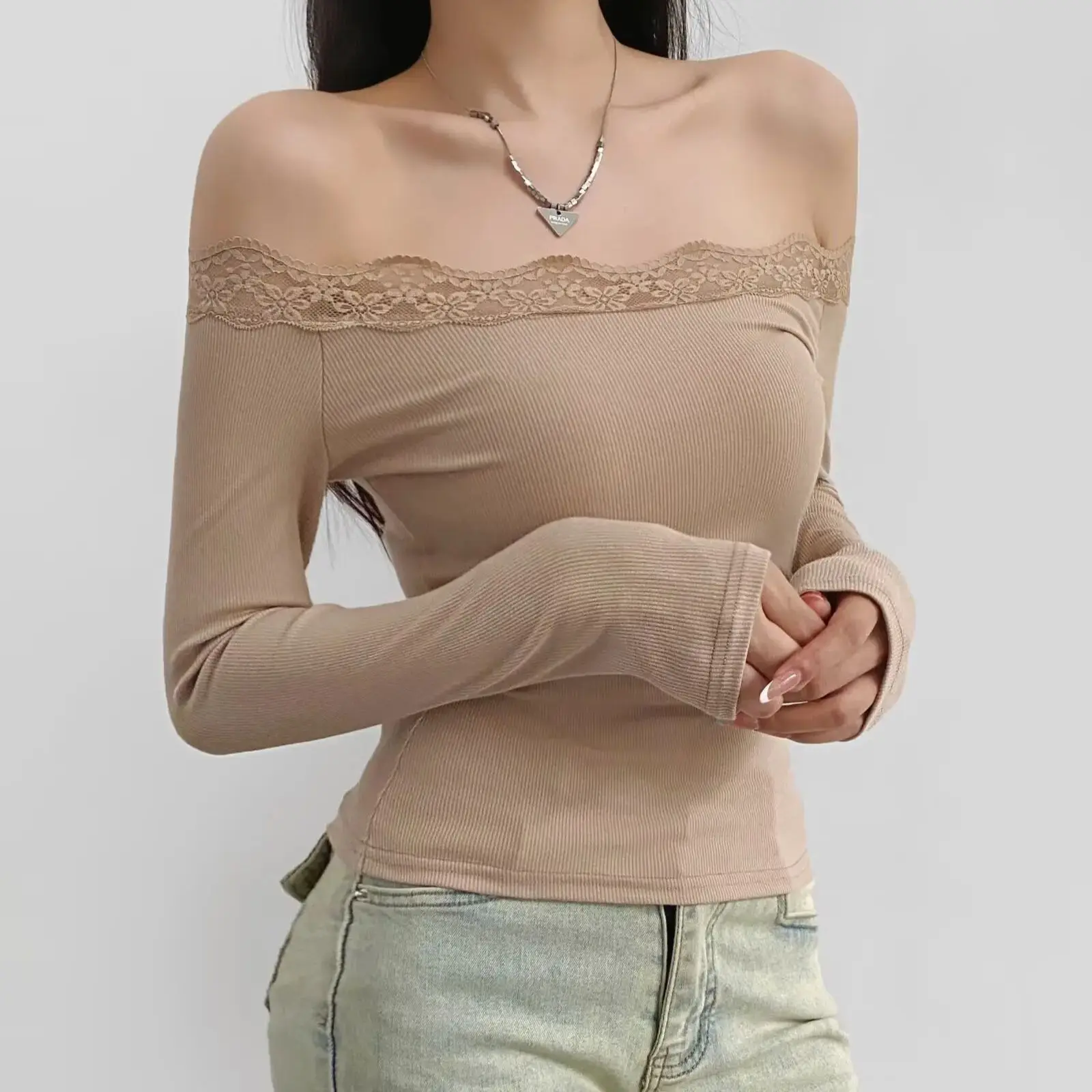 

5 цветов, осень 202, женские кружевные футболки с разрезом на плечах, тонкая футболка с длинными рукавами и цветочным принтом, базовые футболки