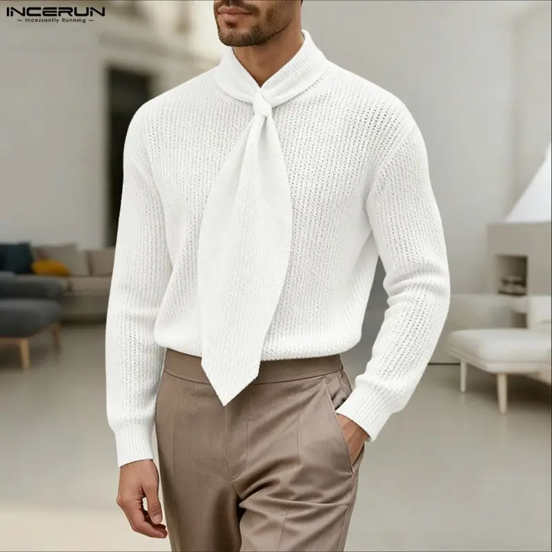 INCERUN Kemeja Pria Warna Solid Kerah O Lengan Panjang Pakaian Pria dengan Dasi Pakaian Jalanan Rajutan Longgar Fashion Kasual Atasan Camisas 2026
