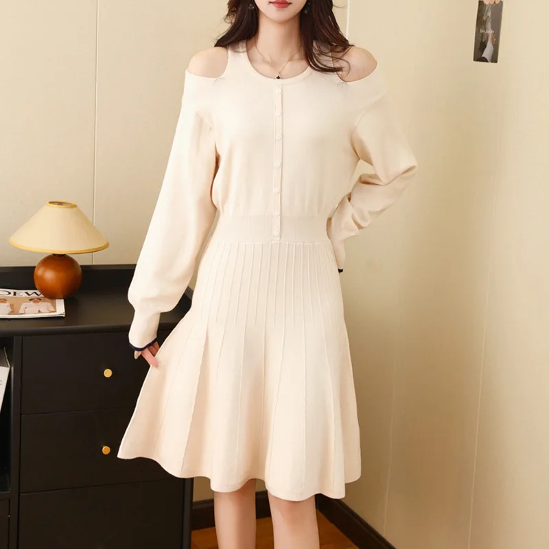 French style small fragrance double exposed shoulder bag hip skirt autumn and winter new long sleeved temperament knitted dress