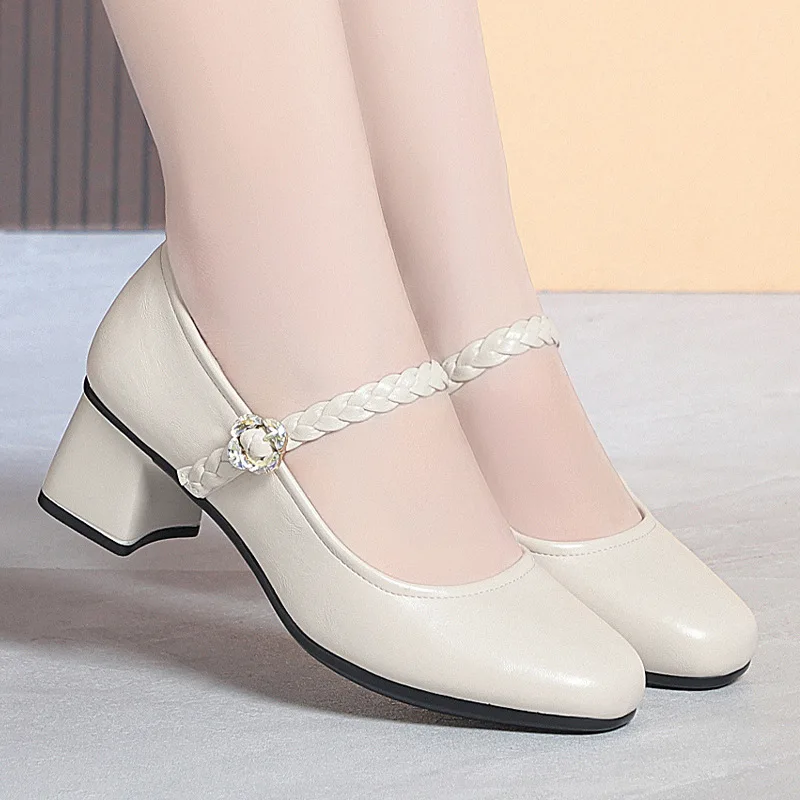 

Black Leather Mary Jane Shoes For Women With Braided Strap And Rhinestone Buckle Round Toe Chunky Heel Comfortable Casual Work