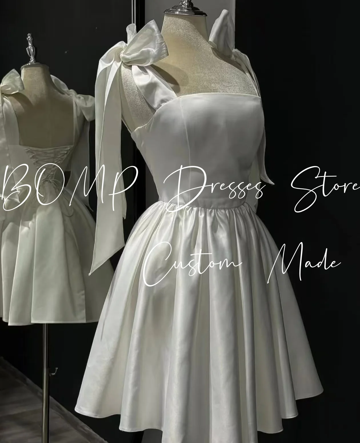

BOMP Elegant Bow Wedding Party Dress Spaghetti Strap Draped A-Line White Satin Special Occasion Short Prom Gown Customized