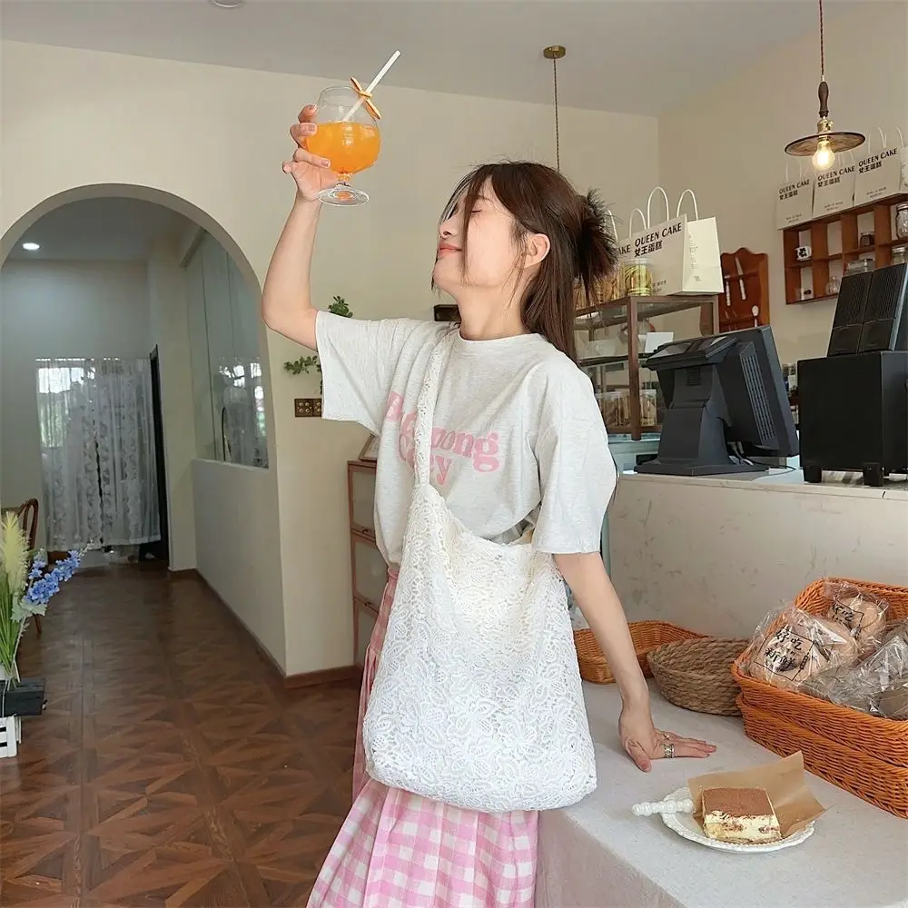 

Hollow Out Embroidery Lace Shoulder Bag Flower Large Capacity Women's Weave Handbag Bohemian Lightweight Canvas Tote Bag Female