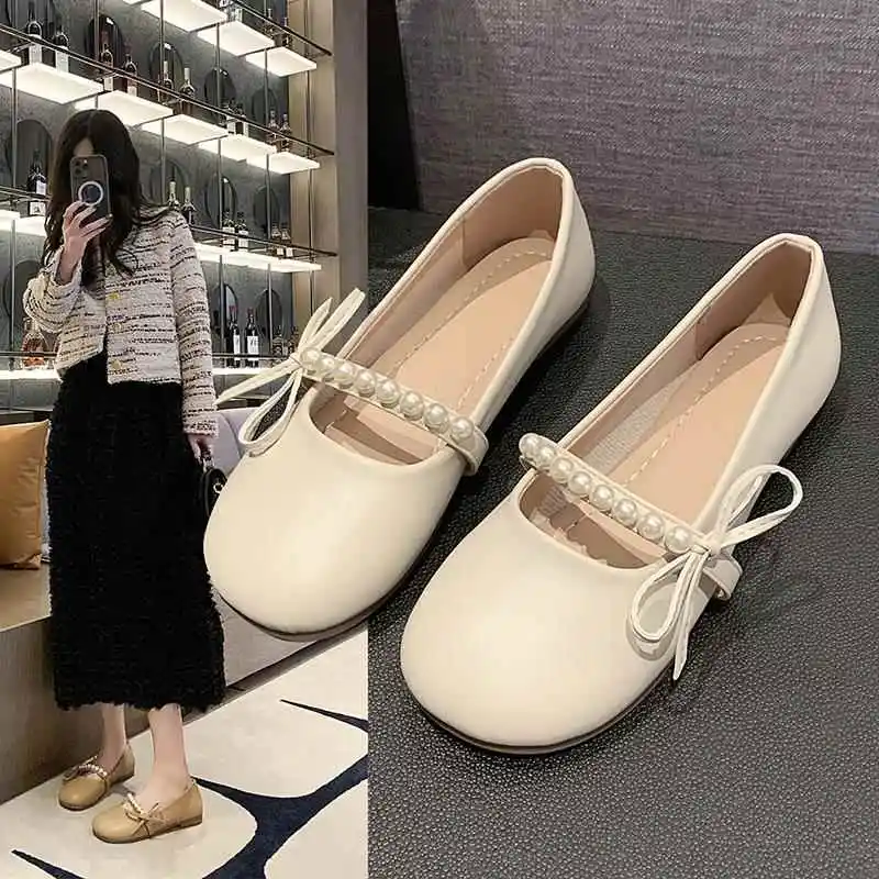 

Mary Jane Flat Shoes Women's New 2026 Spring Summer Gentle Pearl Knot Matching Skirt Flat Bean Shoes Korean Style