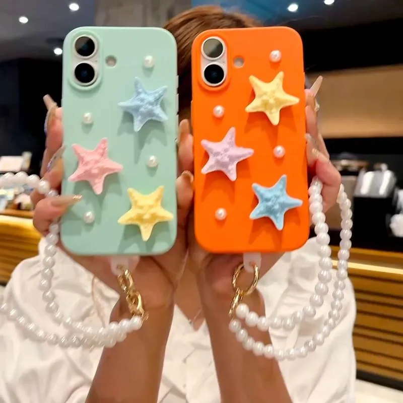 

3D Pearl Starfish Phone Case for iPhone 17 Pro Max 16 15 14 13 Pro 12 Pro Max 11 Shockproof Pearl Bracelet Back Cover
