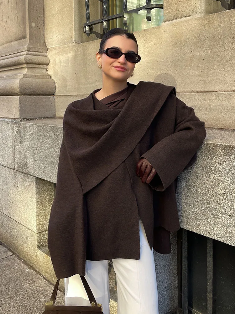 

HH Winter Fashion Asymmetric Scarf Women's Short Knitted Coat Long Sleeve Single Button Loose Women's Elegant Cardigans