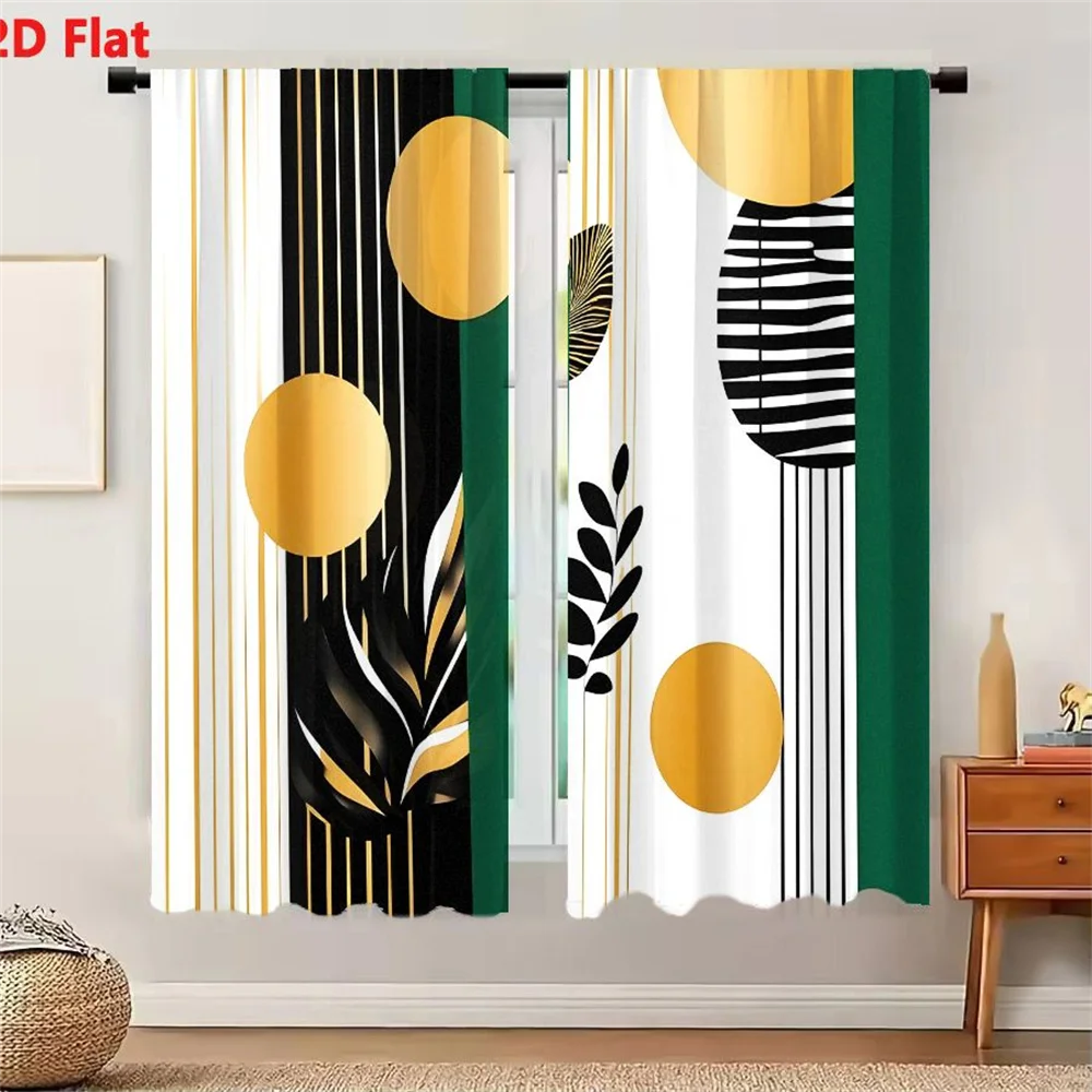2Pcs Curtains Abstract Geometric Art Print With Gold Black Green And White Modern Design Window Drapes for Bedroom Room Decor De