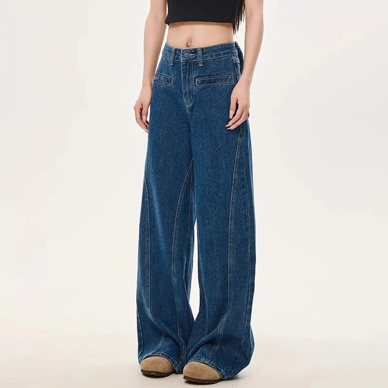 الحلو نمط الشارع الأزرق الأمريكية الرجعية عودة القوس عالية الخصر الجينز للنساء ربيع جديد المتخصصة واسعة الساق مستقيم الساق Y2k السراويل
