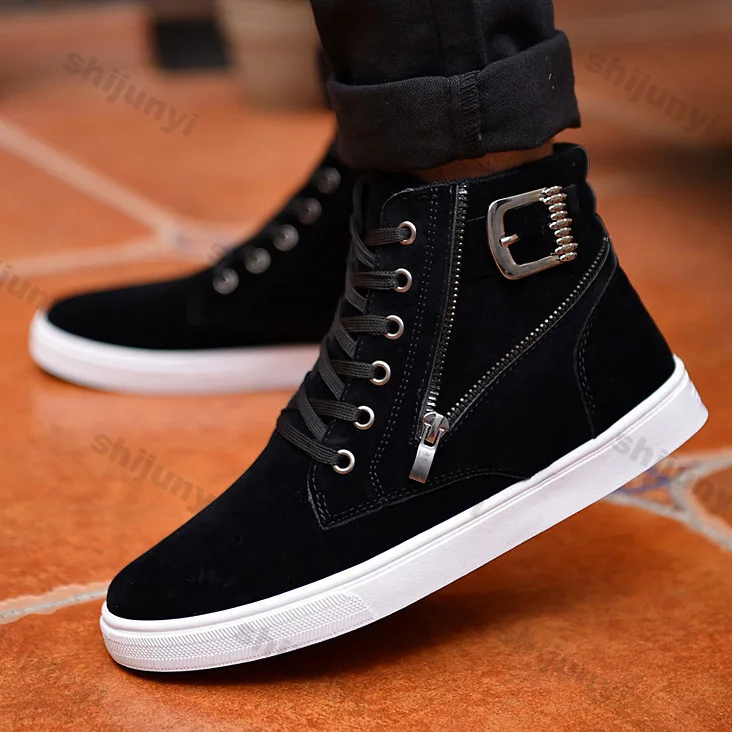 Men's Boots 2024 Autumn Thick Soled Warm Zipper Lace-up Korean Belt Buckle Comfort High Top Flat Bottom British Sports Boots