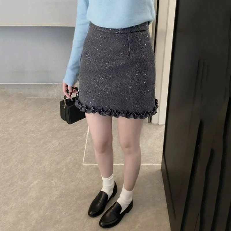 Women's Woolen Blend Short Skirt High Waist Skinny Sequin Sexy Mini Skirts Female Fashion Lace Hem Splicing A-Line Skirts