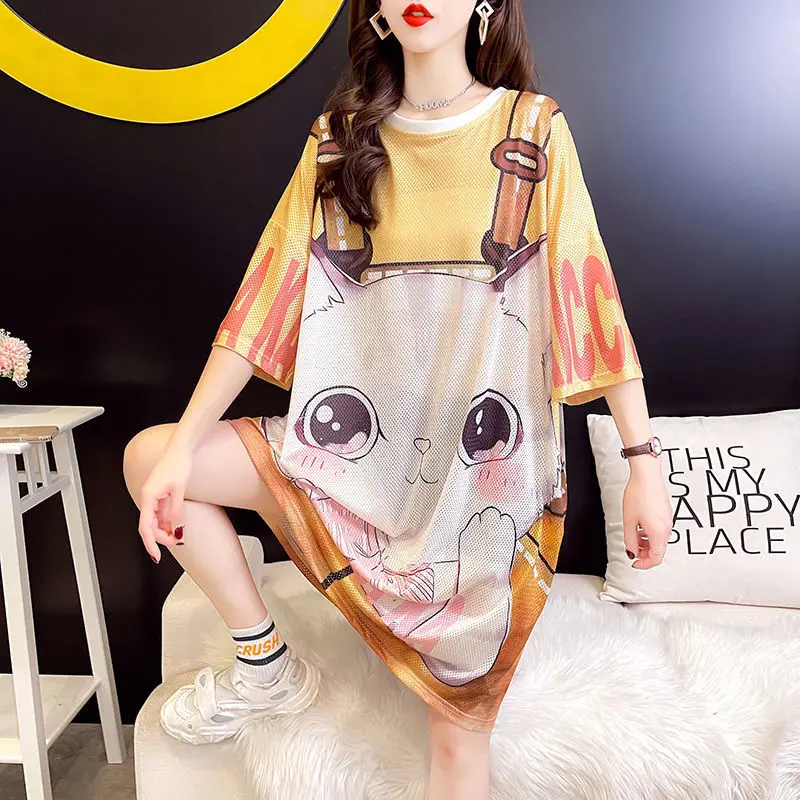 Summer Ice Silk Breathable Mesh Quick-drying Sweet Long Girl T Shirt 3d Printed Harajuku Shy Pussy Bow-knot Tees Tops Female