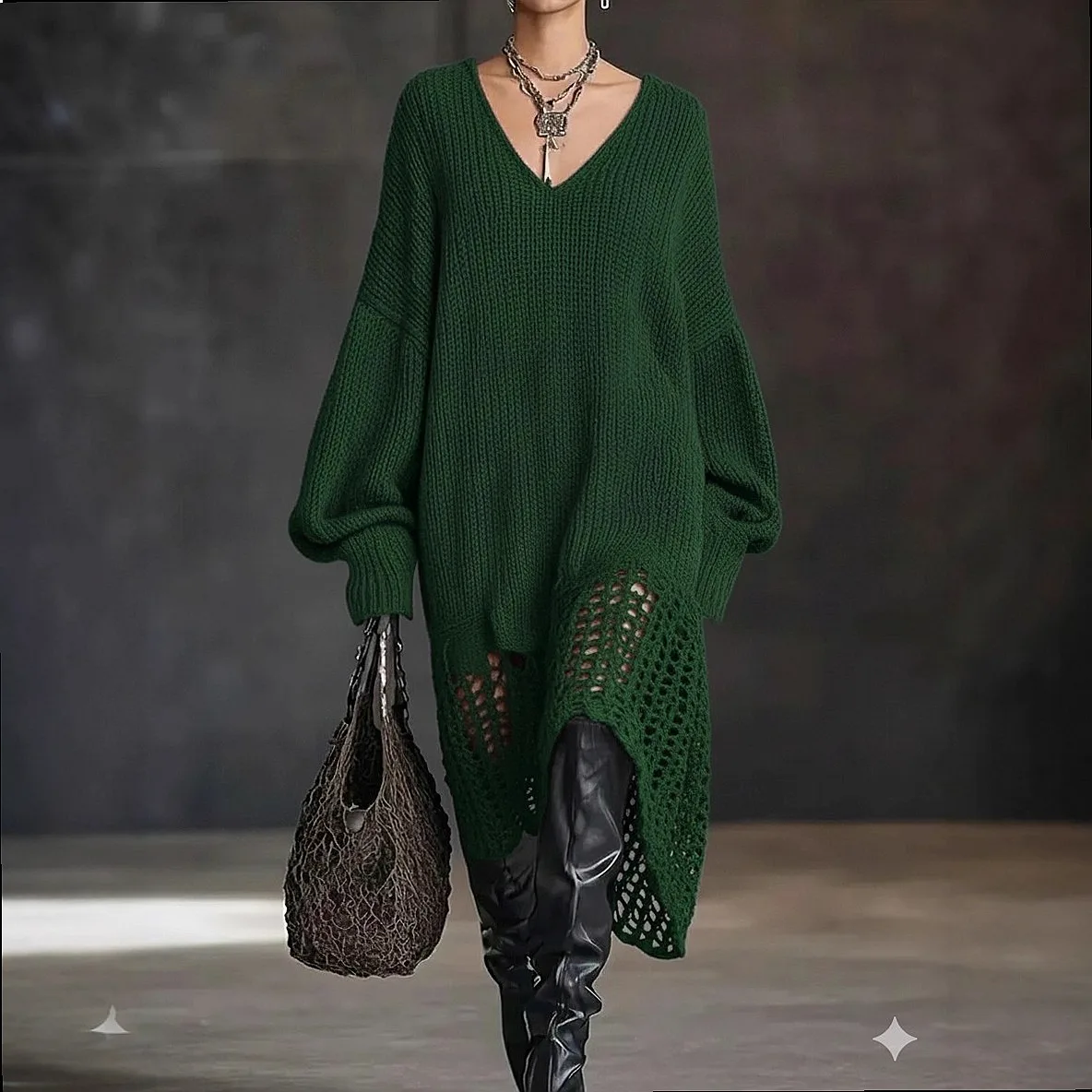 V Neck Knit Dress Irregular Hem Hollow Out Loose Dresses Spring Summer